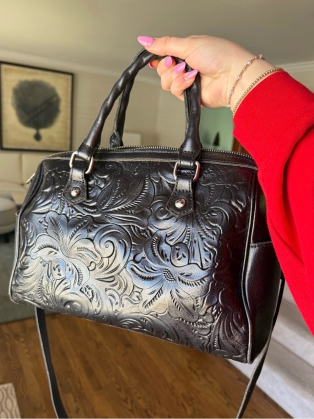 Patricia Nash Black Floral Embossed Leather Satchel Bag